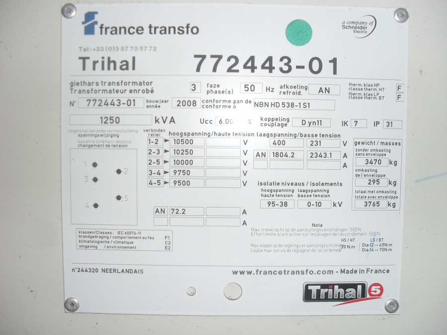 1250 KVA 10kV / 400 Volt France Transfo TRIHAL droge trafo 2x